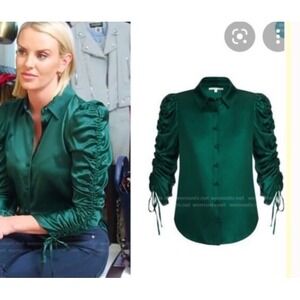 Veronica Beard Lillian Ruched Stretch Silk Satin Blouse Size 10 Emerald Green